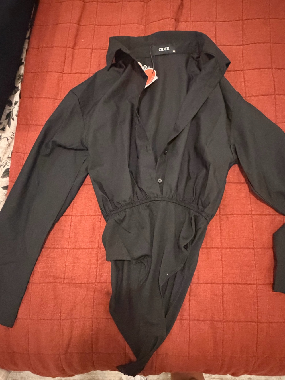 Cider Black Long-Sleeve Bodysuit with Collared V-Neck
